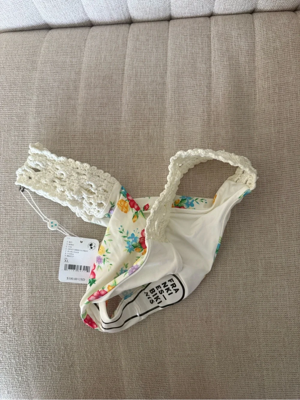 Frankie's Bikinis Cream Floral Crochet-Trim Thong Bottom